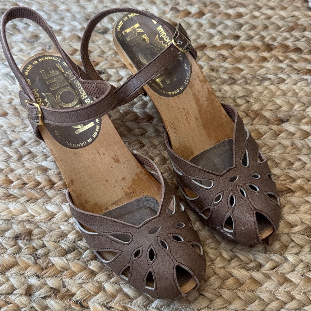 Krone Saga 37 Vintage Taupe Grey Wooden Clogs Sandals Shoes - Picture 2 of 12